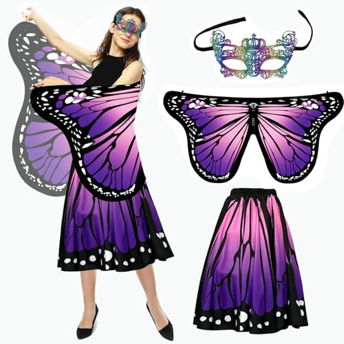 Bseical Schmetterling Kostüm Damen Schmetterlingsflügel Erwachsene Karneval Kostüm Schmetterlingskostüm Schmetterling Umhang 3-teiliges Set Mit Bunter Maske Und Rock Fee Kostüm (Lila) von Bseical