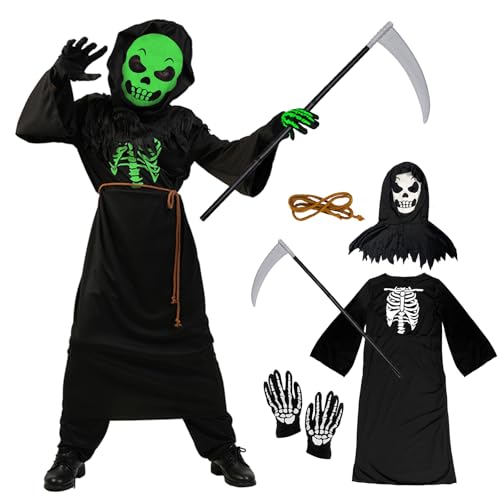 Bseical Sensenmann Kostüm Kinder, Zombie Kostüm Deluxe Glow in The Dark, Grusel Kostüm Kinder mit Sense, Halloween Kostüm Kinder Sensenmann für Rollenspiele, Karneval, Horror Party Bseical Sensenmann Kostüm Kinder, Zombie Kostüm Deluxe Glow in The Dark, Grusel Kostüm Kinder mit Sense, Halloween Kostüm Kinder Sensenmann für Rollenspiele, Karneval, Horror Party von Bseical