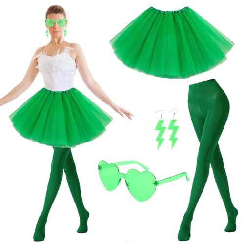 Bseical Tüllrock Damen 50er Karneval, Tütü Damen Mit Strumpfhose, Brillen, Ohrringe Set, Faschingskostüme Damen Ballettrock, Karneval Kostüm Skirts Cosplay Gruppenkostüm Fasching Party Outfit (Grün) von Bseical