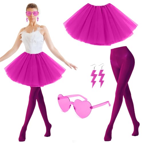 Bseical Tüllrock Damen 50er Karneval, Tütü Damen Mit Strumpfhose, Brillen, Ohrringe Set, Faschingskostüme Damen Ballettrock, Karneval Kostüm Skirts Cosplay Gruppenkostüm Fasching Party Outfit (Rosa) von Bseical