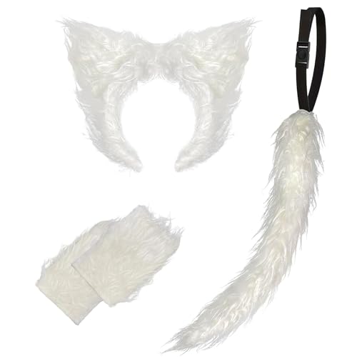 Bseical Wolf Kostüm Kinder, Karneval Kostüm Kinder Tiere, Faschingskostüme, Werwolf Kostüm Mit Wolfsohren Haarreif, Tail, Handschuhe Unisex Kinder Damen Kostüm Fasching Karneval Accessoires (Weiß) von Bseical