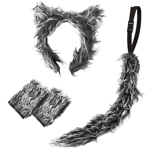 Bseical Wolf Kostüm Kinder, Karneval Kostüm Kinder Tiere, Faschingskostüme, Werwolf Kostüm Mit Wolfsohren Haarreif, Tail, Handschuhe Unisex Kinder Damen Kostüm Fasching Karneval Accessoires (Grau) von Bseical