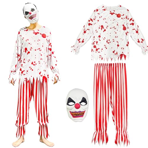 Bseical Zombie Kostüm Herren, Halloween Kostüm Damen Gruselig, Killer Clown Kostüm Horror Knast Häftling Patient Outfit Blutig Zombiekostüm, Masken, T-Shirt, Hose Set Karneval Terrifier Costume (M) von Bseical