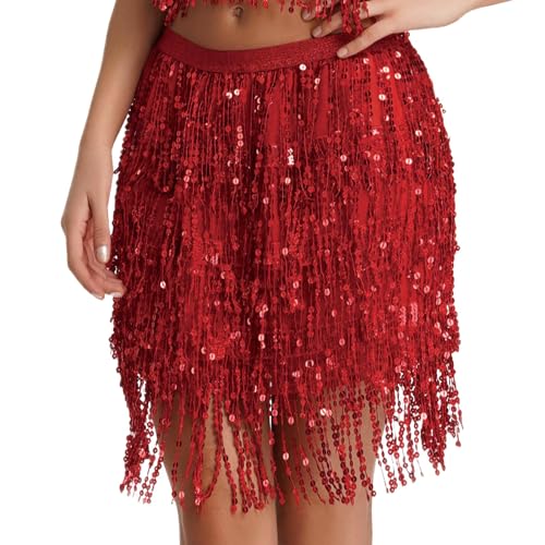 Faschingskostüme Damen Karneval, Bauchtanz Kostüm Damen Fasching, Damen Rock Pailletten Quasten, Fransenrock, Cheerleader Kostüm Frauen, Faschingskostüm Mädchen Tutu Rock Hüfttuch Midi (Rot, L) von Bseical