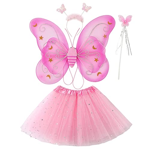 Feenflügel Kinder 4er Set, Prinzessin Kleid Mädchen, Fee Kostüm Mädchen, Feenflügel mit Flügel, Kostüm Kinder Mädchen Fasching, Kostüm Halloween Karneval Umhang mit Zauberstab Stirnband Tutu (Rosa) von Bseical