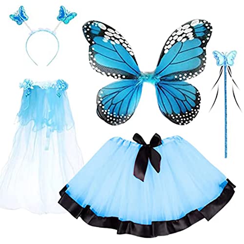 Feenflügel Kinder 5er Set, Feenflügel mit Flügel, Prinzessin Kleid Mädchen, Fee Kostüm Mädchen, Kostüm Kinder Mädchen Fasching, Kostüm Karneval Umhang mit Zauberstab Stirnband Halstuch Tutu (Blau) von Bseical