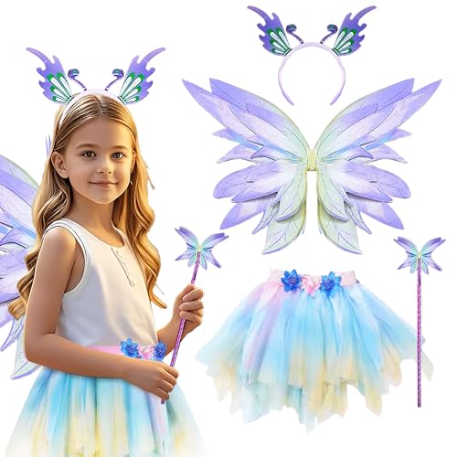 Feenflügel Kinder Feen Flügel, Schmetterlingsflügel Kinder Fee, Prinzessin Kostüm Mädchen, Faschingskostüme Verkleidung, Karneval Kostüme mit Tutu Haarreif Zauberstab Kinderkostüm Elfenkostüm (Blau) von Bseical