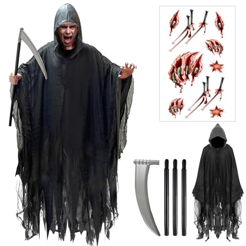 Halloween Kostüm Horror, Sensenmann Kostüm Herren Und Damen Gruselig, Umhang Halloween Mit Narben Tattoo Gesicht, Sichel Für Vampir Dämon Hexer Reaper Teufel Zombie Ghost Cosplay Gruselig Costume (L) von Bseical