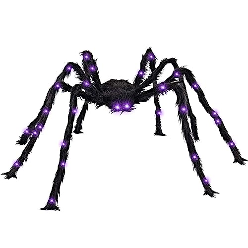 Halloween Spinne Deko mit LED, Halloween Deko Garten Gruselig, Halloween Deko Aussen Spinnen, Spinne Halloween Groß 125cm, Halloween Party Outdoor Hängend, Karneval Plüsch Riesenspinne Violett Licht von Bseical