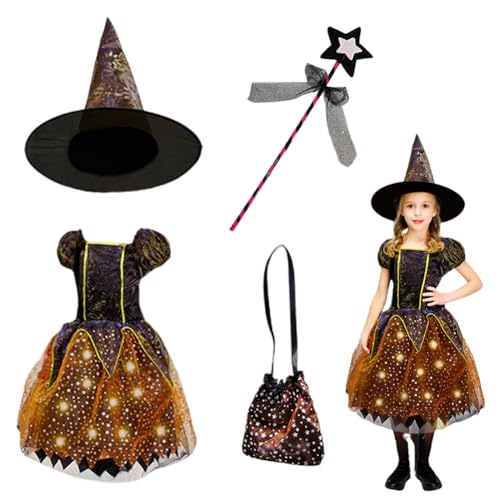 Halloween Zauberer Kostüm,Mädchen Hexenkostüm Mit Licht,Leuchtende Hexenkostüm Mit Hexenhut,Halloween Leuchtendes Hexenkleid Set,Für Halloween Kinder Cosplay Karneval Fasching Party Outfits (L) von Bseical