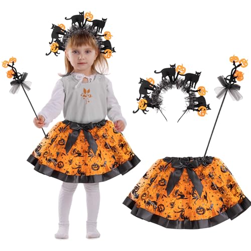 Helloween Kinderkostüme Mädchen, Helloween Kostüme für Kinder Horror, Hexenrock und Zauberstab Kinder Set, Kinder Halloween Kostüm Hexe, Hexenkostüm Kind Tüllrock Karneval Zubehör (Kürbis Haarreif) von Bseical