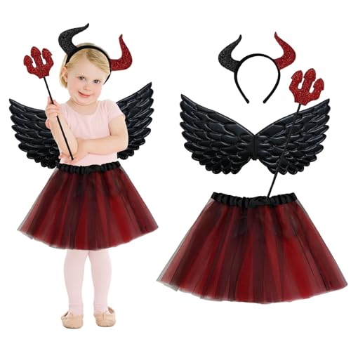 Helloween Kinderkostüme Mädchen, Helloween Kostüme für Kinder Horror, Hexenrock und Zauberstab Kinder Set, Kinder Halloween Kostüm Hexe, Hexenkostüm Kind Tüllrock Karneval Zubehör (Teufel Flügel) von Bseical