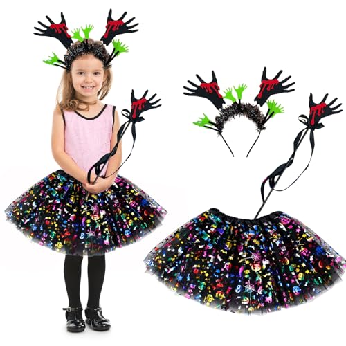 Helloween Kinderkostüme Mädchen, Helloween Kostüme für Kinder Horror, Hexenrock und Zauberstab Kinder Set, Kinder Halloween Kostüm Hexe, Hexenkostüm Kind Tüllrock Karneval Zubehör (Zombie Haarreif) von Bseical