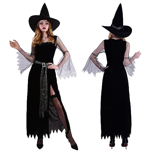 Hexenkostüm Damen Lang, Halloween Kostüm Damen, Hexenrock Mit Hexenhut Gürtel Faschingskostüme, Karneval Kostüm Hexen Kleid Erwachsene Frauen Vintage Mittelalter Gothic Cosplay Zubehör (Schwarz, M) von Bseical