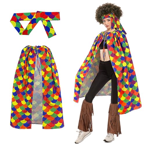 Hippie Hostüm Vintage Bunt Set, Karneval Kostüm mit Stirnband Zubehör, Faschingskostüme Hippie 60er 70er 80er 90er Jahre, Karnevalskostüme Accessoires Umhang Kleidung Disco Fasching Party Damen Herren von Bseical