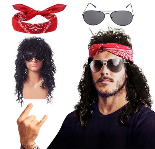 Hippie Kostüm Herren Set, 80er 70er Jahre Bekleidung Herren, Perücke Herren, Faschingskostüme Männer, Karneval Kostüme Accessoires, Hippie Kleidung mit Sonnenbrille Headscarf Fasching Punk (Tod Rock) von Bseical