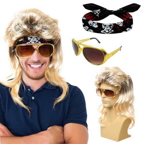 Hippie Kostüm Herren Set, 80er 70er Jahre Bekleidung Herren, Perücke Herren, Faschingskostüme Männer, Karneval Kostüme Accessoires, Hippie Kleidung mit Sonnenbrille Headscarf Fasching Punk (Disco) von Bseical