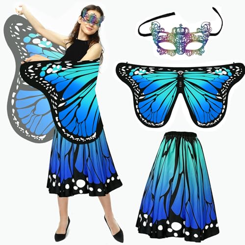 Schmetterling Kostüm Damen Schmetterlingsflügel Erwachsene Karneval Kostüm Schmetterlingskostüm Schmetterling Umhang 3-teiliges Set Mit Bunter Maske Und Rock Fee Kostüm (Blau) von Bseical