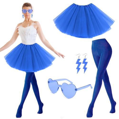 Tüllrock Damen 50er Karneval, Tütü Damen Mit Strumpfhose, Brillen, Ohrringe Set, Faschingskostüme Damen Ballettrock, Karneval Kostüm Skirts Cosplay Gruppenkostüm Fasching Party Outfit (Blau) von Bseical