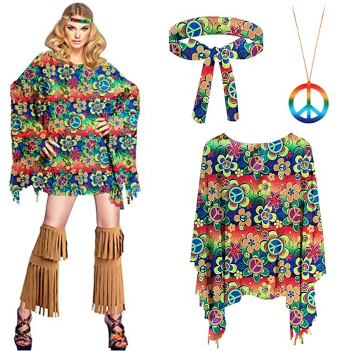 Hippie Kostüm Damen Set, Karneval Kostüm Damen Hippie, Disco Outfit 60er 70er 80er 90er Jahre Hippie Accessoires, Hippie Kleidung Poncho, Stirnband, Halskette Friedenszeichen Party Fasching Zubehörset von Bseical