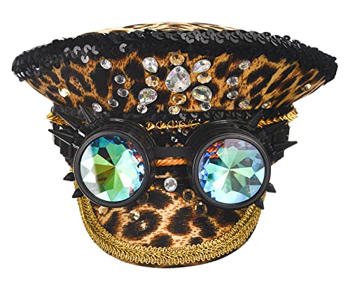 Bslingerie Halloween Steampunk Cosplay Pailletten Hut Rave Party Festival Kapitän Kopfbedeckung mit Brille, leopard, Einheitsgröße von Bslingerie