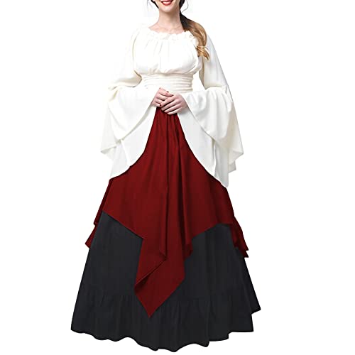 Bsotalines Halloween Kostüm Damen,Damen Mittelalterliche Kleid Farbblock Viktorianischen Königin Kleider Mittelalterkleid für Damen Mottoparty Gotisch Maxikleid Karneval Halloween Cosplay Kostüm von Bsotalines