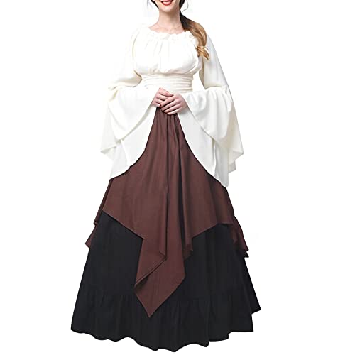 Bsotalines Halloween Kostüm Damen,Damen Mittelalterliche Kleid Farbblock Viktorianischen Königin Kleider Mittelalterkleid für Damen Mottoparty Gotisch Maxikleid Karneval Halloween Cosplay Kostüm von Bsotalines