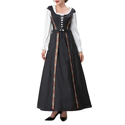 Bsotalines Halloween Kostüm Damen,Damen Mittelalterliche Kleid Geschnürt Blumenmuster Langärmelig Irisches Mittelalter Kostüm Renaissance Kostüm Damen Fasching Karneval Halloween Cosplay Kostüm von Bsotalines