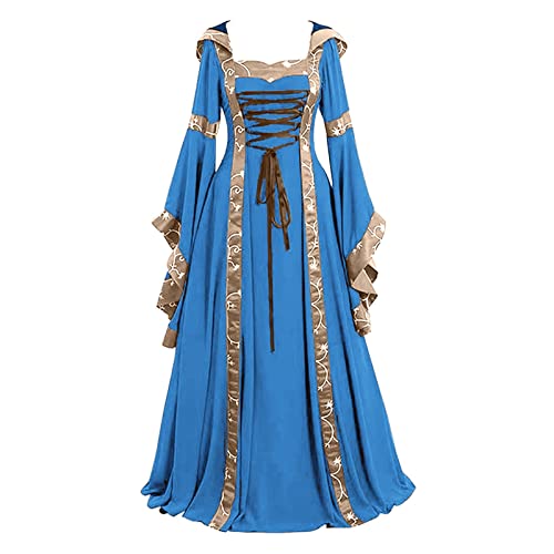 Bsotalines Halloween Kostüm Damen,Damen Mittelalterliche Kleid Geschnürt Mit Kapuze Langärmelig Mittelalter Kleid Bodenlänge Kleider Ballkleider Karneval Party Halloween Cosplay Kostüm von Bsotalines