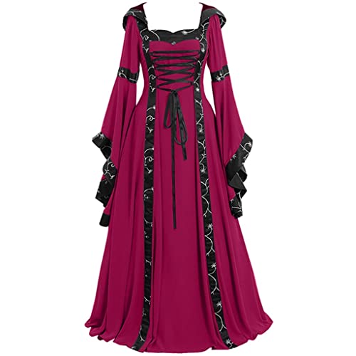 Bsotalines Halloween Kostüm Damen,Damen Mittelalterliche Kleid Geschnürt Mit Kapuze Langärmelig Mittelalter Kleid Bodenlänge Kleider Ballkleider Karneval Party Halloween Cosplay Kostüm von Bsotalines