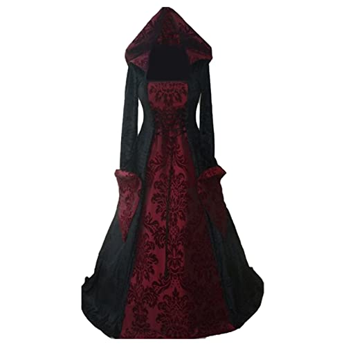 Bsotalines Halloween Kostüm Damen,Damen Mittelalterliche Kleid Mit Kapuze Hohe Taille Langärmlig Bodenlang Mittelalter Kleidung Bodenlänge Kleider Mottoparty Karneval Halloween Cosplay Kostüm von Bsotalines