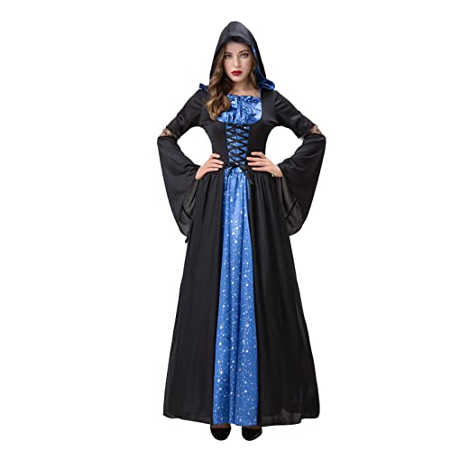 Bsotalines Halloween Kostüm Damen,Damen Mittelalterliche Kleid Schnüren Farbblock Trompetenärmel Kapuzenumhang Mittelalter Kostüm Bodenlänge Kleider Ballkleider Karneval Party Halloween Cosplay Kostüm von Bsotalines