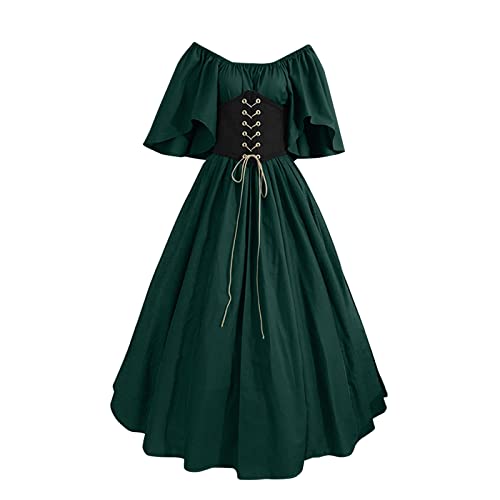 Bsotalines Halloween Kostüm Damen,Damen Mittelalterliche Kleid Schulterfrei Geschnürt Kurzarm Mittelalter Kostüm Damen Renaissance Mittelalter Kostüme Fasching Karneval Party Halloween Cosplay Kostüm von Bsotalines