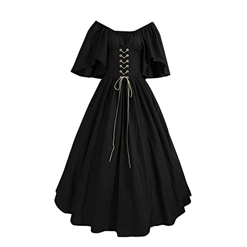 Bsotalines Halloween Kostüm Damen,Damen Mittelalterliche Kleid Schulterfrei Geschnürt Kurzarm Mittelalter Kostüm Damen Renaissance Mittelalter Kostüme Fasching Karneval Party Halloween Cosplay Kostüm von Bsotalines