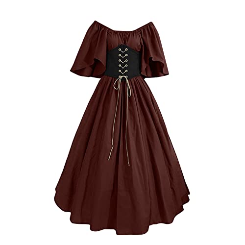 Bsotalines Halloween Kostüm Damen,Damen Mittelalterliche Kleid Schulterfrei Geschnürt Kurzarm Mittelalter Kostüm Damen Renaissance Mittelalter Kostüme Fasching Karneval Party Halloween Cosplay Kostüm von Bsotalines