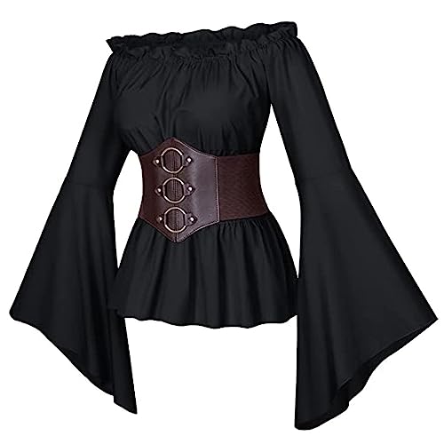 Bsotalines Halloween Kostüm Damen,Damen Mittelalterliche Kleid Schulterfrei Trompetenärmel mit Korsett Bluse Mittelalter Kostüm Gothic Kleidung Damen Fasching Karneval Halloween Cosplay Kostüm von Bsotalines