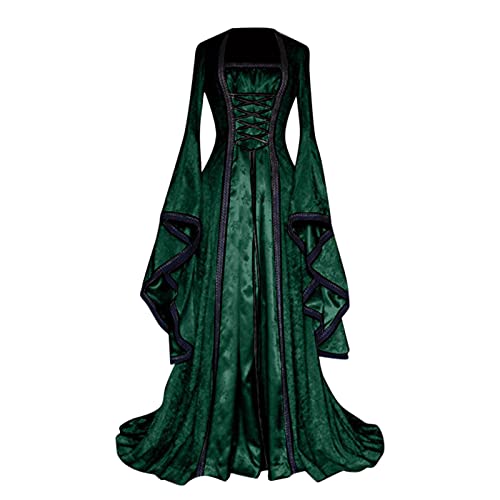 Bsotalines Halloween Kostüm Damen,Damen Mittelalterliche Kleid Trompetenärmel Lang Viktorianischen Kön Mittelalter Prinzessin Kostüm Mottoparty Gotisch Maxikleid Karneval Halloween Cosplay Kostüm von Bsotalines