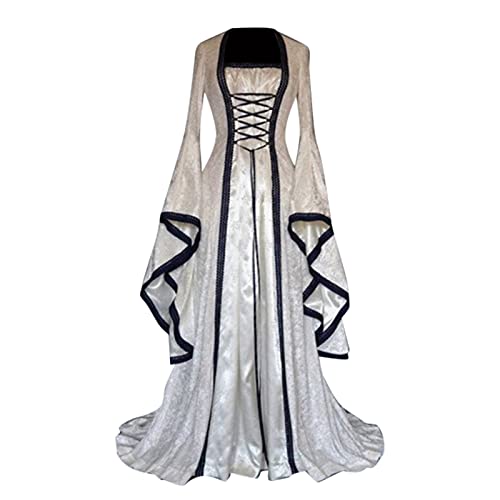 Bsotalines Halloween Kostüm Damen,Damen Mittelalterliche Kleid Trompetenärmel Lang Viktorianischen Kön Mittelalter Prinzessin Kostüm Mottoparty Gotisch Maxikleid Karneval Halloween Cosplay Kostüm von Bsotalines