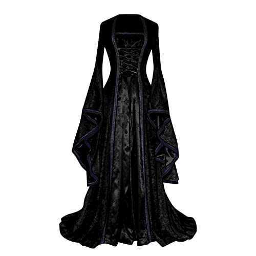 Bsotalines Halloween Kostüm Damen,Damen Mittelalterliche Kleid Trompetenärmel Lang Viktorianischen Kön Mittelalter Prinzessin Kostüm Mottoparty Gotisch Maxikleid Karneval Halloween Cosplay Kostüm von Bsotalines