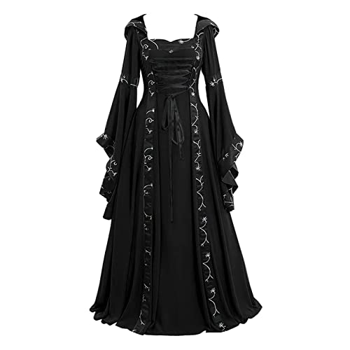 Bsotalines Halloween Kostüm Damen,Damen Mittelalterliche Kleid mit Trompetenärmel Blumenmuster Mittelalter Kostüme Kleid Ballkleider Ballkleider Gotisch Maxikleid Karneval Halloween Cosplay Kostüm von Bsotalines