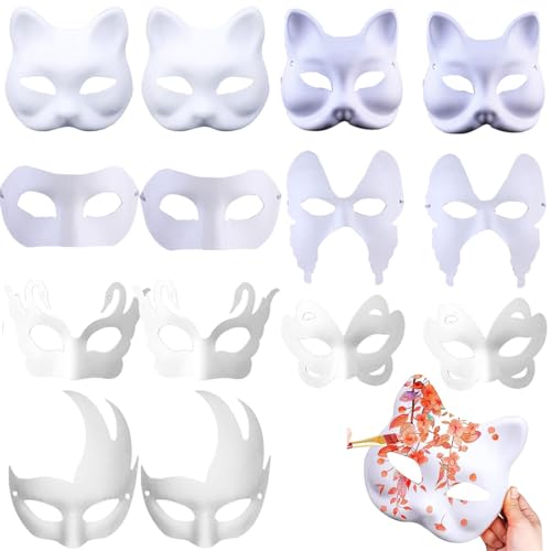 14 Stück Weiße Maske Unbemalt, Tiermasken zum Bemalen, DIY Maskenball Party Maske, Papier Maske Zum Bemalen, Masken zum Bemalen Kinder, für Abschlussball, Karneval, Cosplay, Party Deko von Bssowe