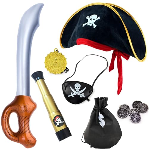 Bssowe 6 Stück Piratenkostüm Kinder, Piraten Kostüm Kinder, Augenklappe Pirat, Piratenkostüm, Piratenkostüm Herren, Piratenhut, mit Hut, Fernrohr, Augenklappe, Messer, Münzbeutel, Halskette Anhänger von Bssowe