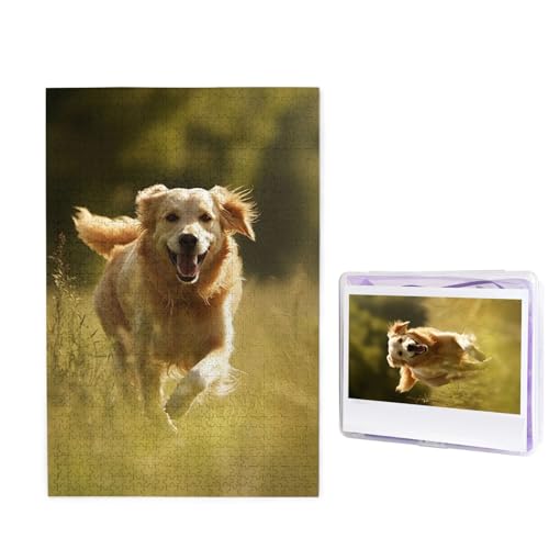 Puzzle mit 1000 Teilen – Hund läuft auf dem Gras, Bilderpuzzles für Erwachsene, herausforderndes Puzzle, personalisiertes Holzpuzzle, Fotopuzzle, Geschenke, 74,9 x 50 cm von Btcowzrv