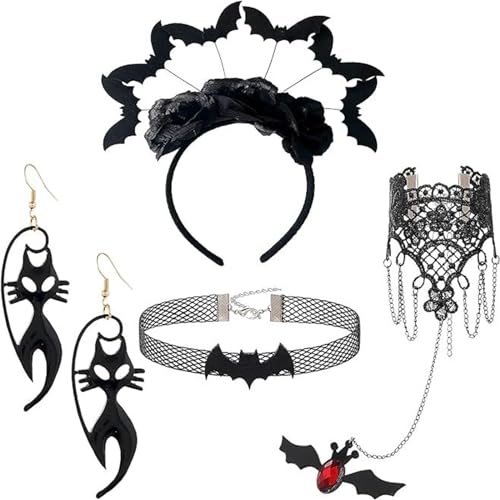 Btgghytr Haarreif für Damen und Mädchen, Halloween-Stirnbänder mit Fledermaus-Form, Ohrring, Choker und Haarband, Mädchen, Abschlussbälle, Party-Set, niedliches Haarband, Haar-Accessoires von Btgghytr