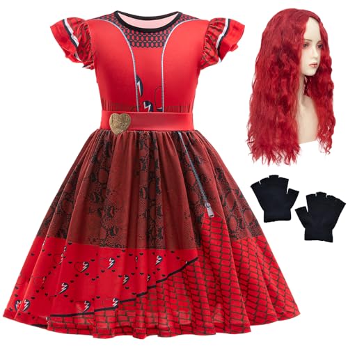 Btonai Rotes Mädchenkostüm für Kinder, rotes Kleid, Prinzessin, rotes Halloween-Outfit mit Perücke und Handschuhen, 3–9 Jahre von Btonai