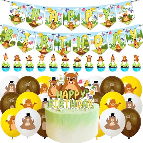 33 PCS Groundhog Day Party Dekoration,Groundhog Day Deko,Groundhog Day Balloons Set Murmeltier Happy Birthday Murmeltier Thema Banner Cupcake Toppers für Kinder Frühling Party Deko Februar 2. von BULKEE