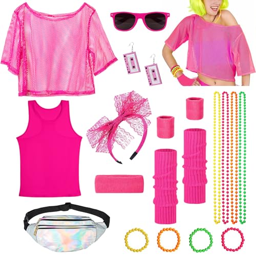 BuYupop 90er Jahre Accessoires,80er Jahre Kleidung Outfit Damen Silberne Bauchtasche Vierfarbige Halskette Armband Rosa Beinwärmer Neon-Stirnband die Brille Für 80er Jahre Partys (Größe: L) von BuYupop