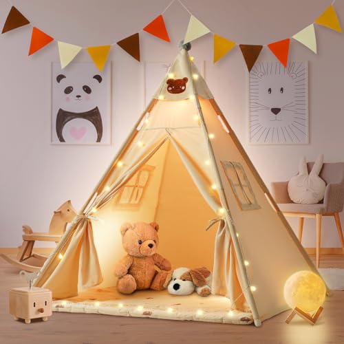 BuYupop Tipi Zelt für Kinder Kinderzelt, Spielzelt Kinder Indoor Kinderzelt für Drinnen, Zelt Kinderzimmer Tippi Kinderzelt Mädchen Junge, Tipi Zelt mit Tipi-Zeltstabilisator, Decke (Dreiecke) von BuYupop