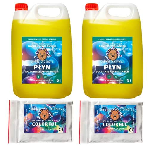 Bubble Brothers Seifenblasenflüssigkeit 5 Liter für Riesenseifenblasen und Normale Seifenblasen Nachfüllflasche 5l unplatzbare XXL Bunte Seifenblasen Seifenblasenlösung (2 x 5 Liter + 2 Pulver) von Bubble Brothers