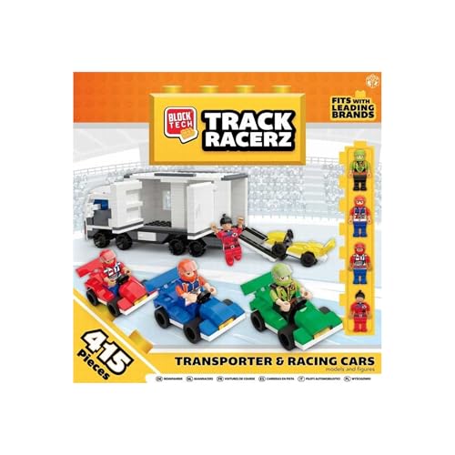 Block Tech Transport LKW Spielzeug mit Rennwagen, Set aus 4 Spielzeugautos und 4 Figuren, 415 Teile, Geschenk für Kinder von Bubbletastic